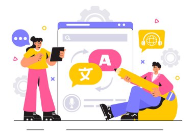 Çevirmen Servis Vektörü Resimlendirmesi Çeşitli Ülkeler için Çok Dilli Çeviri Düz Çizgi Arkaplanda Sözlük Kullanılarak