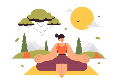 Günlük rutininizden kaçmak için etkinlikler sunan Yoga Çekme Vektörü Resimleri, Arka planda Meditasyon, Yoga ve Nefes Alıştırmaları da dahil