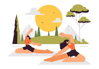 Günlük rutininizden kaçmak için etkinlikler sunan Yoga Çekme Vektörü Resimleri, Arka planda Meditasyon, Yoga ve Nefes Alıştırmaları da dahil