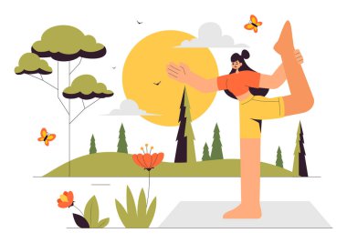 Günlük rutininizden kaçmak için etkinlikler sunan Yoga Çekme Vektörü Resimleri, Arka planda Meditasyon, Yoga ve Nefes Alıştırmaları da dahil