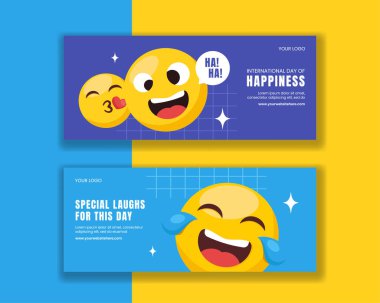 Mutlu Karakterlerin yer aldığı Uluslararası Mutluluk Günü için Yatay Bayrak Stili Sosyal Medya İllüstrasyonu