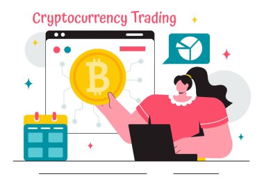 Bir Para Yığını, Dijital Para Cüzdanı, Engelleme Teknolojisi ve Arka planda Bitcoin içeren Kripto Para Birimi Ticari Vektör İlülasyonu