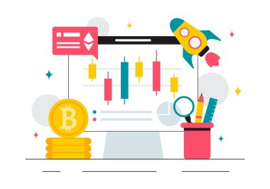 Bir Para Yığını, Dijital Para Cüzdanı, Engelleme Teknolojisi ve Arka planda Bitcoin içeren Kripto Para Birimi Ticari Vektör İlülasyonu