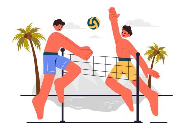 Yaz boyunca Sandy Arazisinde Plaj Voleybolu oynayan ve Spor Faaliyetleri İçin Topu Ağın Üzerinden Atan Bir Oyuncunun Vektör İllüstrasyonu