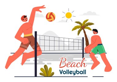 Yaz boyunca Sandy Arazisinde Plaj Voleybolu oynayan ve Spor Faaliyetleri İçin Topu Ağın Üzerinden Atan Bir Oyuncunun Vektör İllüstrasyonu