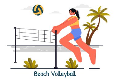 Yaz boyunca Sandy Arazisinde Plaj Voleybolu oynayan ve Spor Faaliyetleri İçin Topu Ağın Üzerinden Atan Bir Oyuncunun Vektör İllüstrasyonu