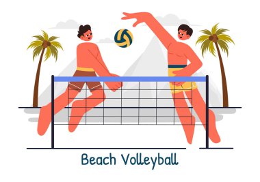 Yaz boyunca Sandy Arazisinde Plaj Voleybolu oynayan ve Spor Faaliyetleri İçin Topu Ağın Üzerinden Atan Bir Oyuncunun Vektör İllüstrasyonu