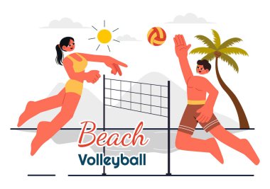 Yaz boyunca Sandy Arazisinde Plaj Voleybolu oynayan ve Spor Faaliyetleri İçin Topu Ağın Üzerinden Atan Bir Oyuncunun Vektör İllüstrasyonu