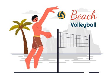 Yaz boyunca Sandy Arazisinde Plaj Voleybolu oynayan ve Spor Faaliyetleri İçin Topu Ağın Üzerinden Atan Bir Oyuncunun Vektör İllüstrasyonu