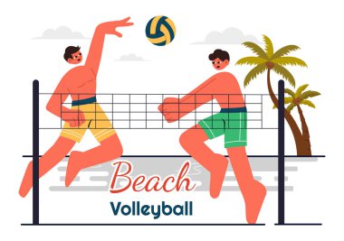 Yaz boyunca Sandy Arazisinde Plaj Voleybolu oynayan ve Spor Faaliyetleri İçin Topu Ağın Üzerinden Atan Bir Oyuncunun Vektör İllüstrasyonu