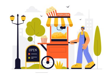 Sokak Gıda Festivali Vector İllüstrasyonunda Düz Arkaplanlı Açık Şehir Park Marketinde İnsanlar ve Yemek Kamyonları