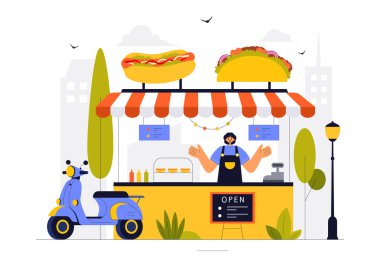 Sokak Gıda Festivali Vector İllüstrasyonunda Düz Arkaplanlı Açık Şehir Park Marketinde İnsanlar ve Yemek Kamyonları