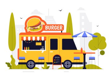 Sokak Gıda Festivali Vector İllüstrasyonunda Düz Arkaplanlı Açık Şehir Park Marketinde İnsanlar ve Yemek Kamyonları