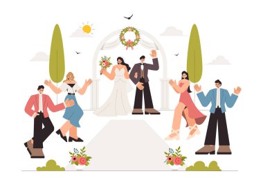 Düğün Töreni Kutlama Vektörü İllüstrasyonunda Düz Tarzlı Zarif Dekorasyonlu Çiçek Balo Salonunda Bir Gelin ve Damat