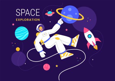 Uzay Keşif Vektörü İllüstrasyonunda gezegenler arasında uzayda yüzen bir astronot ve Galaksi Macerasına Tekne Teknesi yer alıyor.