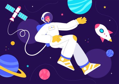 Uzay Keşif Vektörü İllüstrasyonunda gezegenler arasında uzayda yüzen bir astronot ve Galaksi Macerasına Tekne Teknesi yer alıyor.