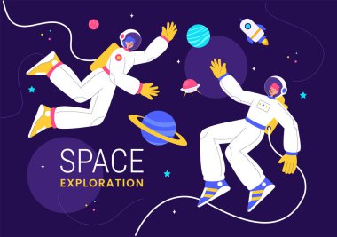 Uzay Keşif Vektörü İllüstrasyonunda gezegenler arasında uzayda yüzen bir astronot ve Galaksi Macerasına Tekne Teknesi yer alıyor.