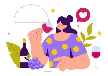 Şarap Tat İllüstrasyonunda şarap kadehleri ve şarap tatma, içme, girdap ve Aroma 'nın Tadını Almak İçin Üzüm ve Şarabın İçinde