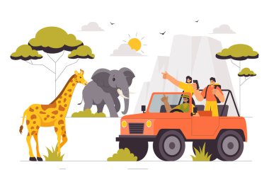 Ziyaretçiler, Zürafalar, Filler ve Arka plandaki Diğer Hayvanlarla Hayvanat Bahçesini Ziyaret Eden İnsanlar 'ın Vahşi Yaşam Safari İllüstrasyonunu Keşfediyor