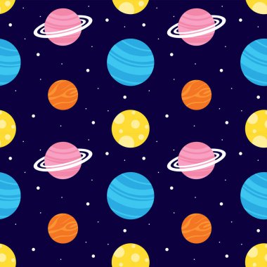 Çizgi film Düz Tasarım Çiziminde Yüzen Astronot ve Gezegenlerle Kusursuz Uzay Keşfi Şablonu