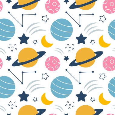 Çizgi film Düz Tasarım Çiziminde Yüzen Astronot ve Gezegenlerle Kusursuz Uzay Keşfi Şablonu