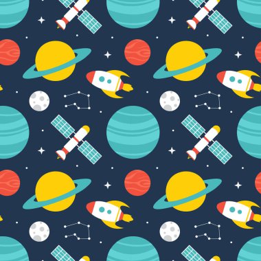 Çizgi film Düz Tasarım Çiziminde Yüzen Astronot ve Gezegenlerle Kusursuz Uzay Keşfi Şablonu