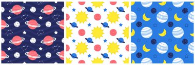 Çizgi film Düz Tasarım Çiziminde Yüzen Astronot ve Gezegenlerle Kusursuz Uzay Keşfi Şablonu