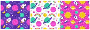 Çizgi film Düz Tasarım Çiziminde Yüzen Astronot ve Gezegenlerle Kusursuz Uzay Keşfi Şablonu