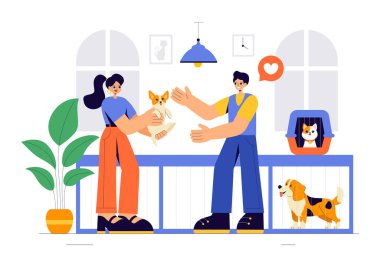 Bir Hayvan Evlat Edindirme Ajansının Vektör İllüstrasyonunda Kediler ve Köpeklerle Bir Sığınma evinden Evcil Hayvan Evlat Edinme