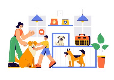 Bir Hayvan Evlat Edindirme Ajansının Vektör İllüstrasyonunda Kediler ve Köpeklerle Bir Sığınma evinden Evcil Hayvan Evlat Edinme