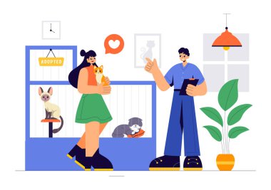 Bir Hayvan Evlat Edindirme Ajansının Vektör İllüstrasyonunda Kediler ve Köpeklerle Bir Sığınma evinden Evcil Hayvan Evlat Edinme