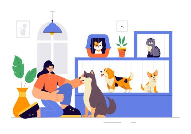 Bir Hayvan Evlat Edindirme Ajansının Vektör İllüstrasyonunda Kediler ve Köpeklerle Bir Sığınma evinden Evcil Hayvan Evlat Edinme