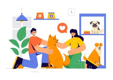 Bir Hayvan Evlat Edindirme Ajansının Vektör İllüstrasyonunda Kediler ve Köpeklerle Bir Sığınma evinden Evcil Hayvan Evlat Edinme