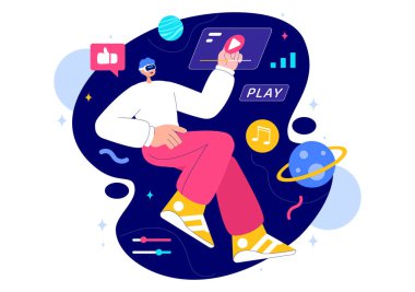 VR gözlük takan, Arkaplanda Gelecek İnovasyon ve İletişim Araştıran Bir Kişinin Metaverse Dijital Sanal Gerçeklik Vektörü İllüzyonu