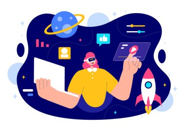 VR gözlük takan, Arkaplanda Gelecek İnovasyon ve İletişim Araştıran Bir Kişinin Metaverse Dijital Sanal Gerçeklik Vektörü İllüzyonu