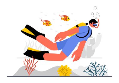 Dalış Spor Vektörü İllüstrasyonu Sualtı Yüzme Malzemeleri Mercan Resifleri, Flora ve Fauna Denizi ve Okyanustaki Deniz Yaşamı