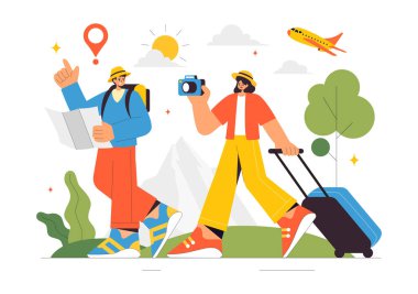 Seyahat Vektörü İllüstrasyonu: Sırt çantaları, Bavul, Haritalar ve Düz Arkaplanda Macera, Turizm ve Keşif için Fotoğraf Kameraları