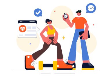 Bir Spor Dersi ya da Spor Kursu sunan Sağlık Koçu İllüstrasyonu, Kişisel Koçla Antrenman yapmak ve Özel Rehberlik Almak