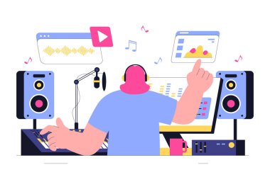 Müzik Prodüksiyon İllüstrasyonunda, müzik dinleyen ve ses kaydı yapan kişiler veya Profesyonel Stüdyo Ekipmanı ile Online Show