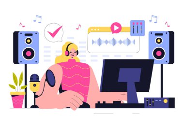 Müzik Prodüksiyon İllüstrasyonunda, müzik dinleyen ve ses kaydı yapan kişiler veya Profesyonel Stüdyo Ekipmanı ile Online Show