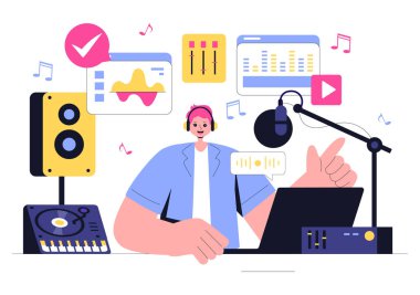 Müzik Prodüksiyon İllüstrasyonunda, müzik dinleyen ve ses kaydı yapan kişiler veya Profesyonel Stüdyo Ekipmanı ile Online Show