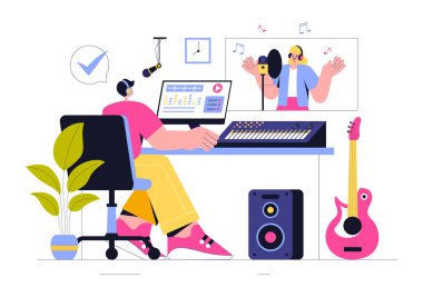 Müzik Prodüksiyon İllüstrasyonunda, müzik dinleyen ve ses kaydı yapan kişiler veya Profesyonel Stüdyo Ekipmanı ile Online Show