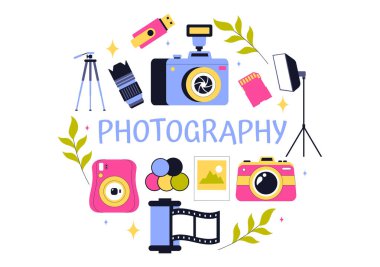 Seyahat, Turizm, Macera ve Anıları Düz Tarzlı Arkaplanda Yakalamak İçin Kamera ve Ekipman içeren Fotoğraf Vektörü İllüstrasyonu