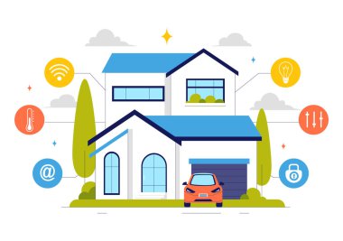 Smartphone ile kontrol edilen ve arka planda birleştirilmiş elektronik aygıt sistemine sahip akıllı bir ev yönetimini içeren Ev Otomasyon Vektörü İllüstrasyonu