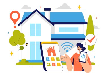 Smartphone ile kontrol edilen ve arka planda birleştirilmiş elektronik aygıt sistemine sahip akıllı bir ev yönetimini içeren Ev Otomasyon Vektörü İllüstrasyonu