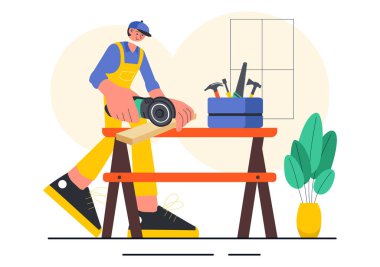 Marangozluk Atölyesi Vektör İllüstrasyonunda ahşap döşeme, ahşap tahtalar, mobilya imalatı ve arka planda keresteyle çalışan bir zanaatkar yer alıyor.