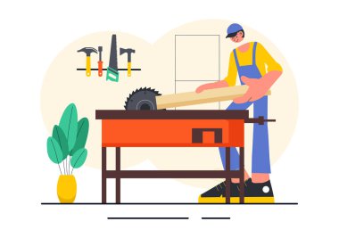 Marangozluk Atölyesi Vektör İllüstrasyonunda ahşap döşeme, ahşap tahtalar, mobilya imalatı ve arka planda keresteyle çalışan bir zanaatkar yer alıyor.