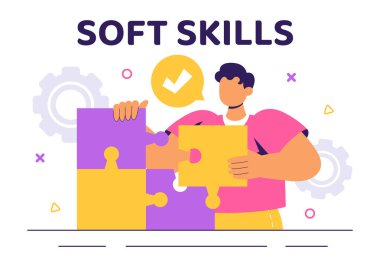 Empati, İletişim, Fikir Geliştirme, Takım Çalışması ve Profesyonel Büyüme gibi Yumuşak Yetenekleri Gösteren Ofis İşçilerinin Vektör İllüstrasyonu