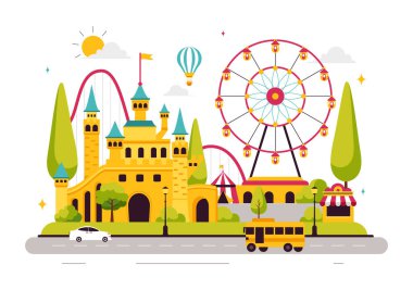Tema Parkları Vektör İllüstrasyonunda bir lunapark, dönme dolabı, eğlence oyun kulübeleri, bilet kutusu ve arka planda ticaret fuarı tezgahları yer alıyor.