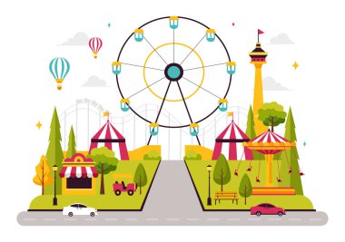 Tema Parkları Vektör İllüstrasyonunda bir lunapark, dönme dolabı, eğlence oyun kulübeleri, bilet kutusu ve arka planda ticaret fuarı tezgahları yer alıyor.